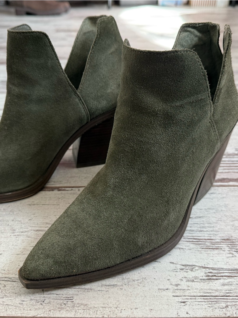 Vince Camuto Olive Suede Pointed-Toe Ankle Booties
